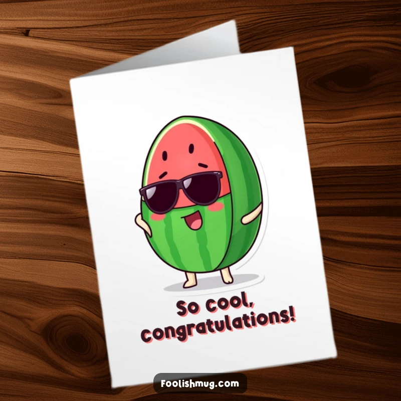Funny Free Printable Congratulations Card showing a watermelon slice in sunglasses posing proudly, symbolizing a cool and successful outcome.