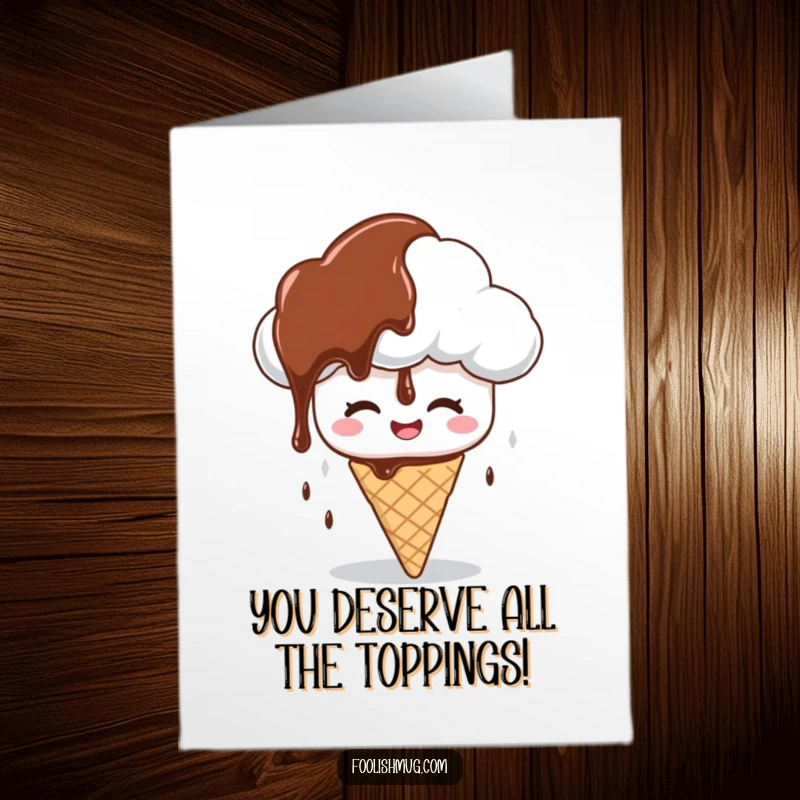 Funny free printable congratulations card featuring a laughing cloud showering chocolate syrup on a bewildered ice cream cone.