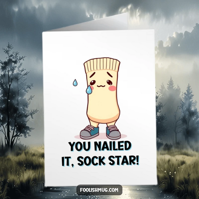 Funny Free Printable Nervous Sock Congratulations Card: A sock character in mismatched shoes sweats nervously, celebrating surviving a challenge. A funny congrats.