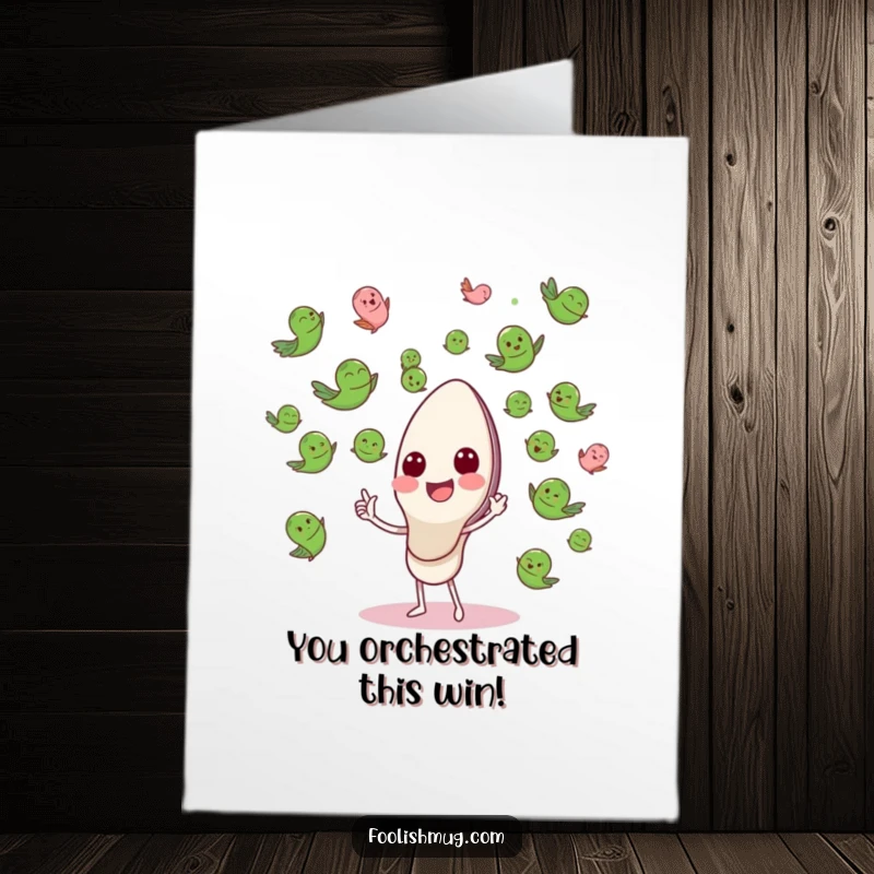Funny Free Printable Spoon Conductor Congratulations Card: A happy spoon conducts flying peas in a triumphant concert, celebrating a major win with humor.