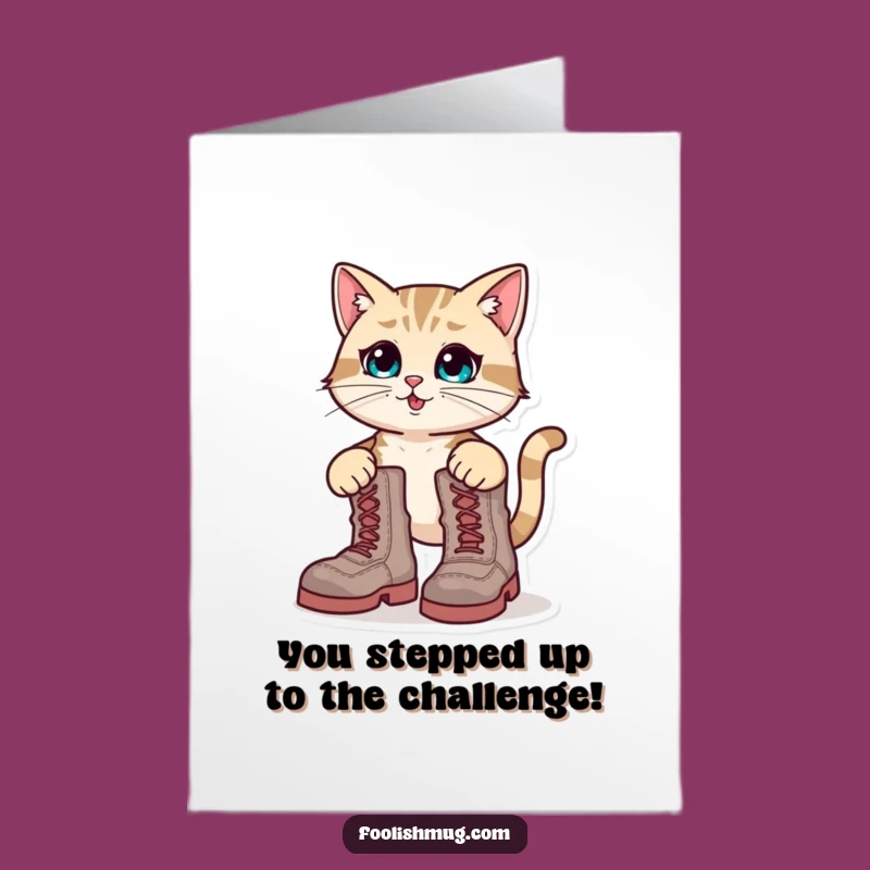 Free Printable Congrats Card: Cat's Oversized Boot Triumph - Downloadable Fun!