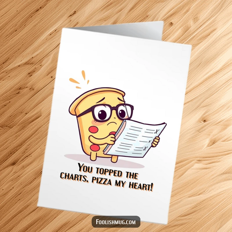 Funny Free Printable Congratulations Card: A pizza slice with glasses, looking confusedly at a massive menu, celebrating success.