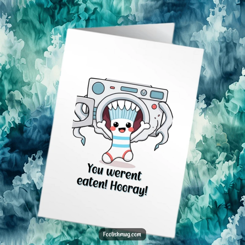 Funny Free Printable Congratulations Card: A sock character triumphantly escaping a defeated laundry monster, celebrating success.