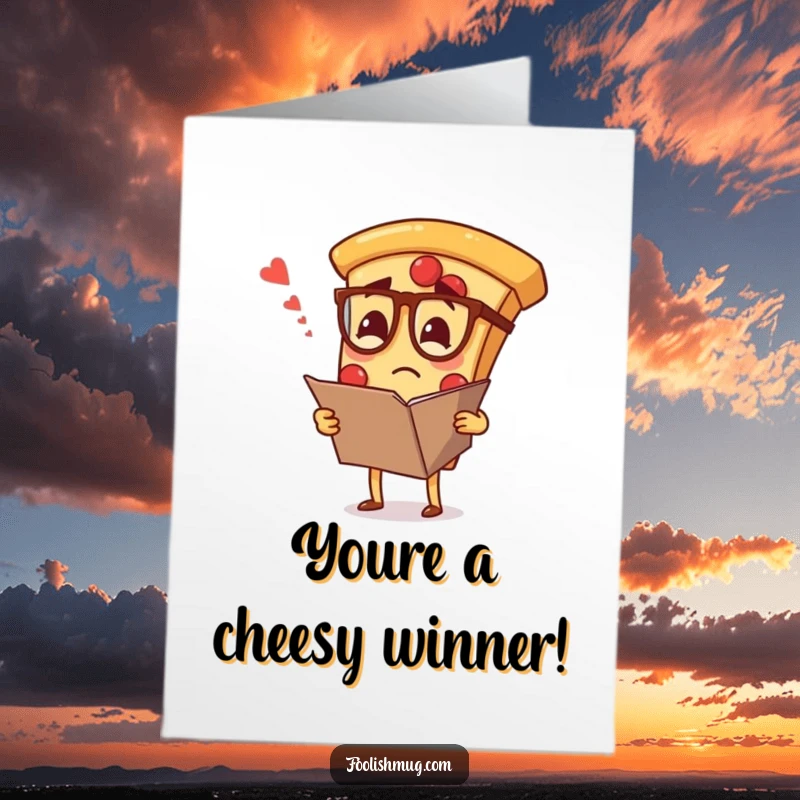 Free Printable Congratulations Card: A pizza slice with tiny spectacles, looking confusedly at a large menu, celebrating a puzzling but great success.