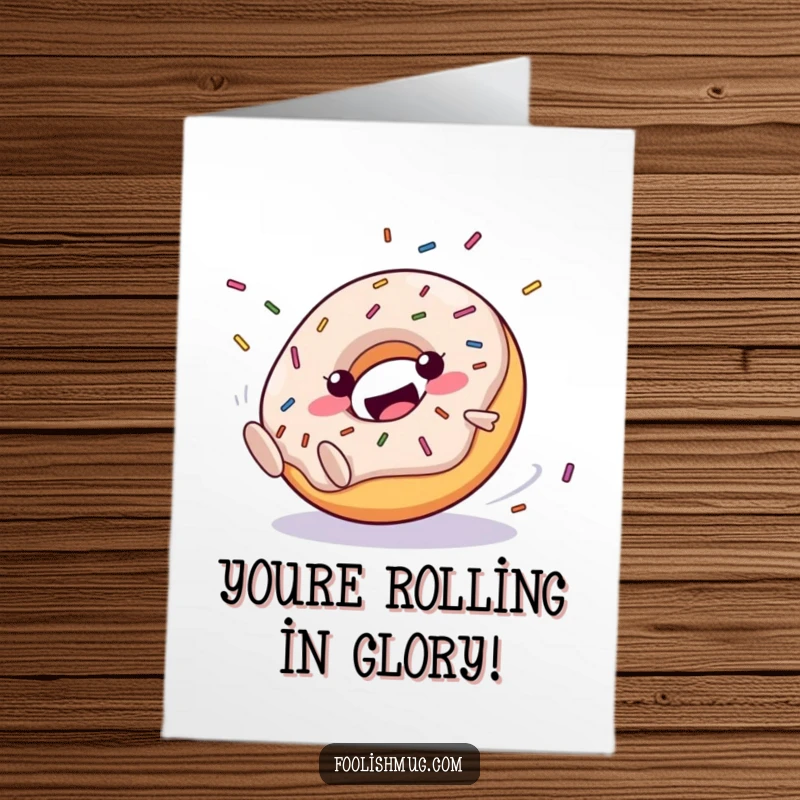 Funny Free Printable Congratulations Card: A happy, clumsy donut character rolling downhill with a cascade of flying sprinkles, celebrating an achievement.