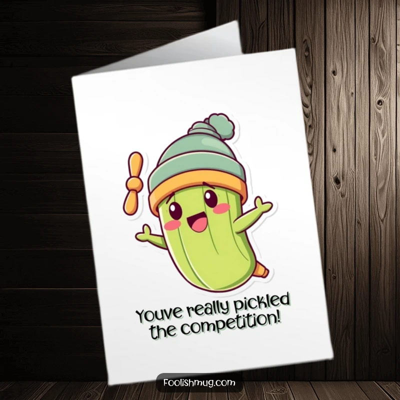Funny Free Printable Congratulations Card: A pickle wearing a propeller beanie, flying crookedly to celebrate.