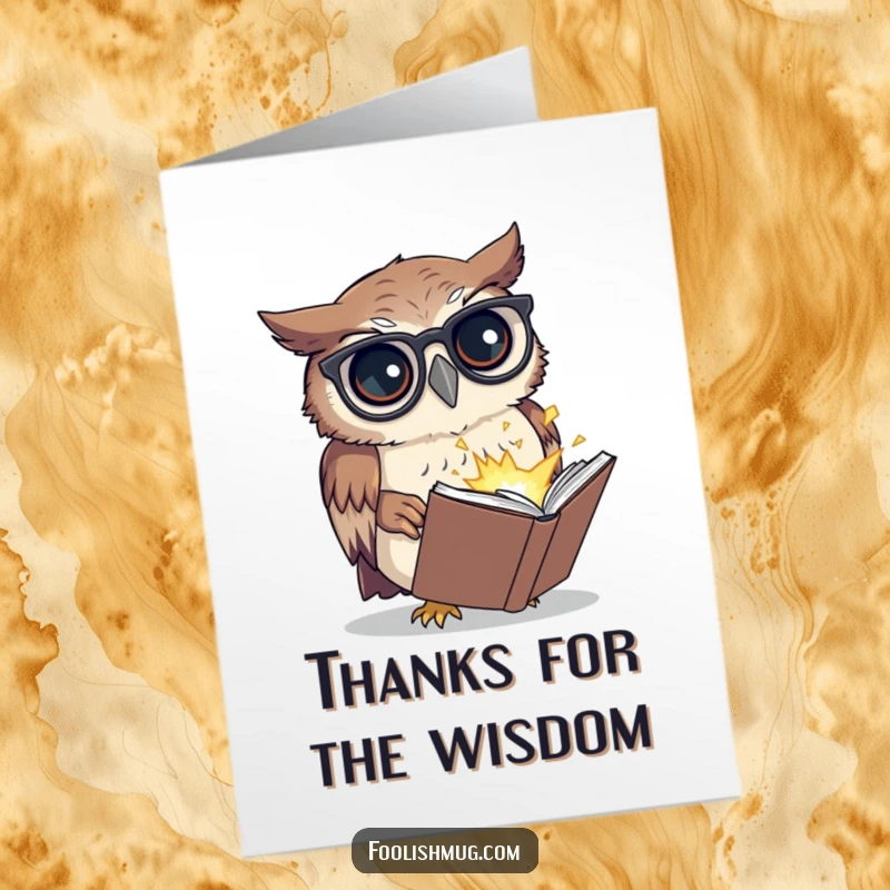 Funny free printable thank you card showing a confused owl failing to read a small, exploding book.