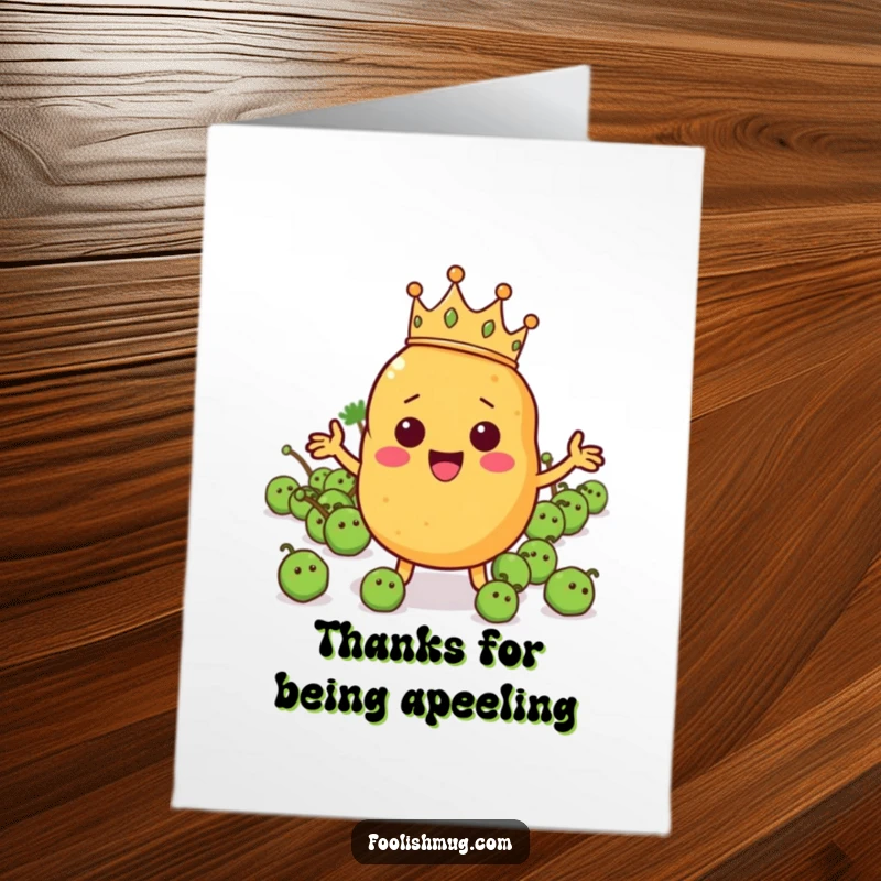 Free printable thank you card with a crowned potato character commanding a small army of peas.
