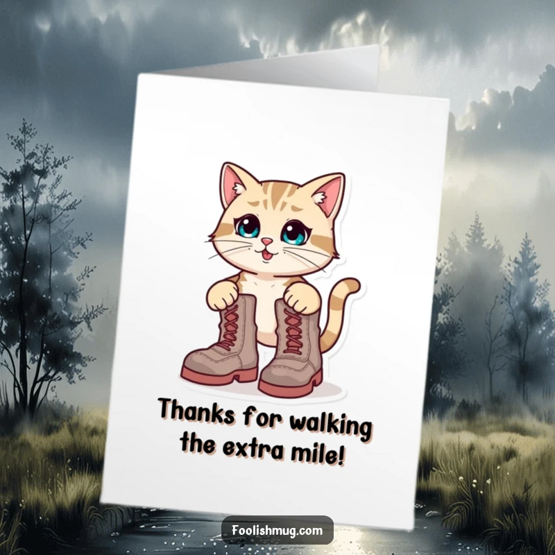 Funny Free Printable Thank You Card: A cat looking bewildered while tangled in gigantic boots.