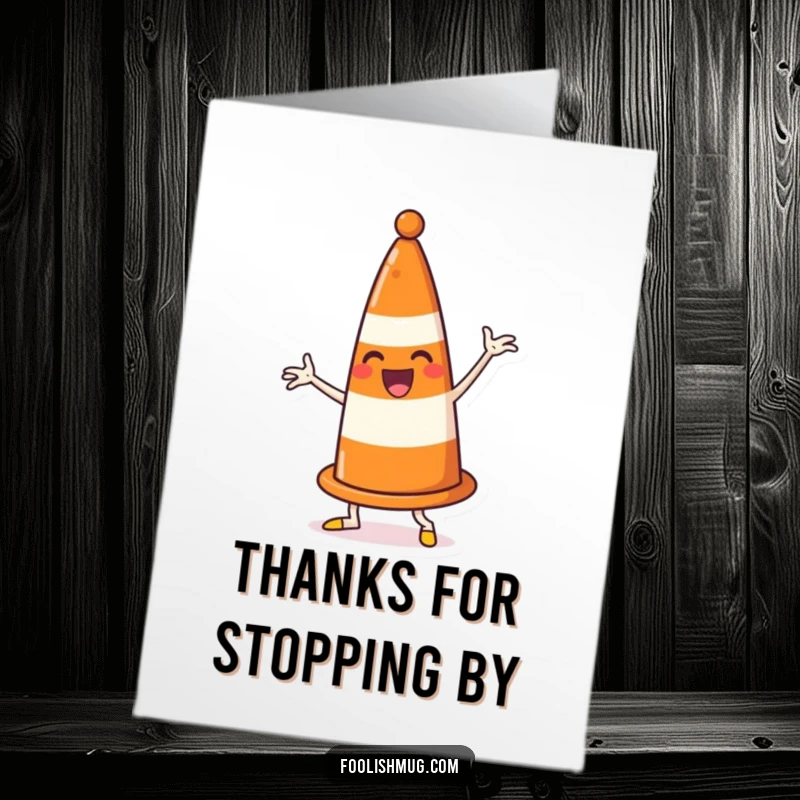 Funny Free Printable Thank You Card: A cheerful traffic cone dancing enthusiastically, hilariously blocking its own path.