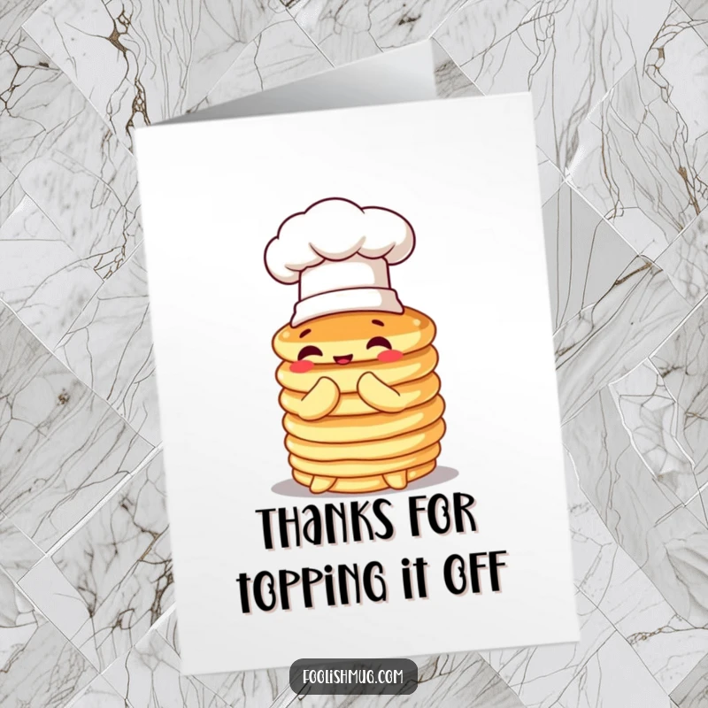 Funny Free Printable Thank You Card: A stack of fluffy pancakes in a chef hat makes a polite, wobbly bow.