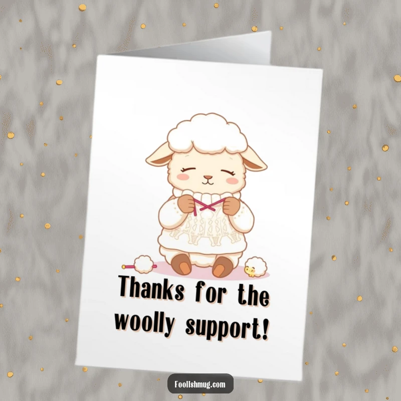 Funny Free Printable Thank You Card: Sleepy sheep humorously knitting a sweater from its own wool, a cozy DIY thank you.