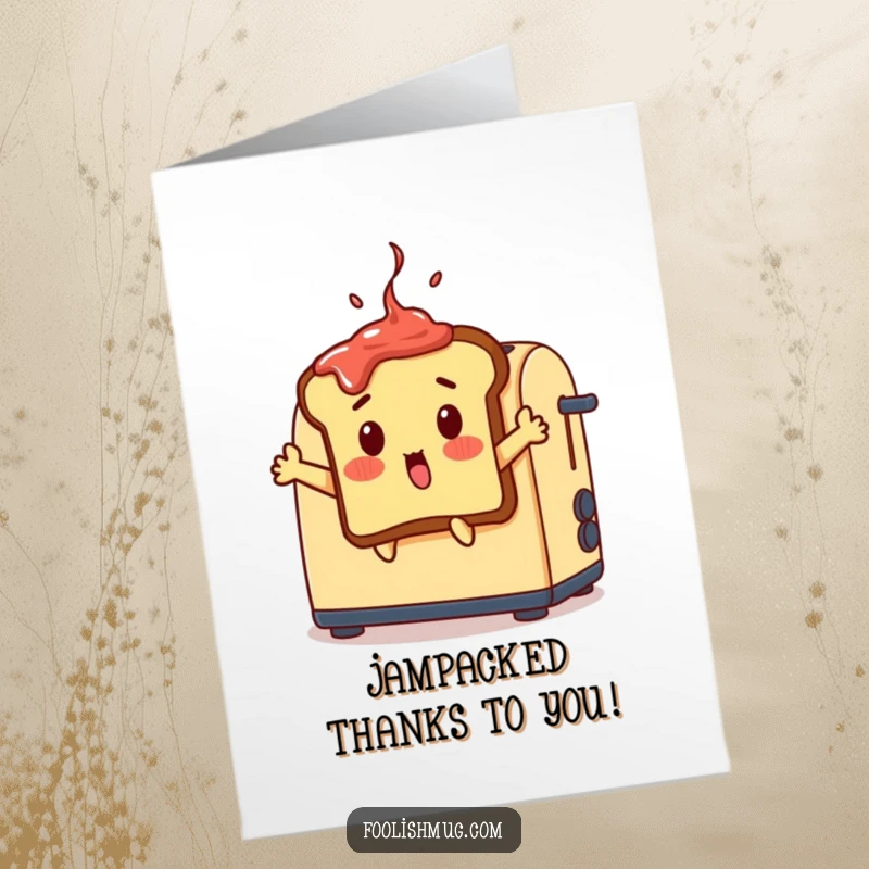 Funny free printable thank you card: A surprised toast slice with jam on its head leaps from a toaster, expressing thanks.