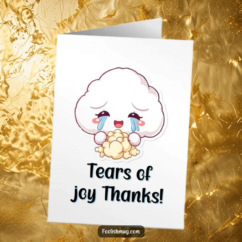 Free Printable Thank You Card: A fluffy cloud character crying happy tears that magically pop into popcorn, signifying abundant gratitude.