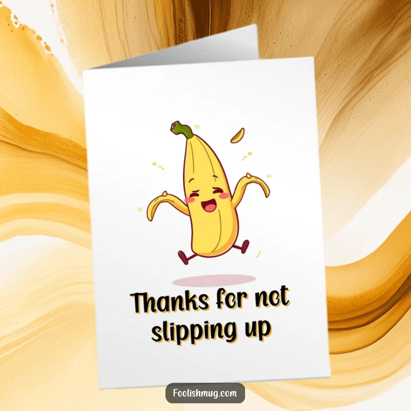Funny Free Printable Thank You Card: Banana peel character slipping comically, expressing thanks with a grin.