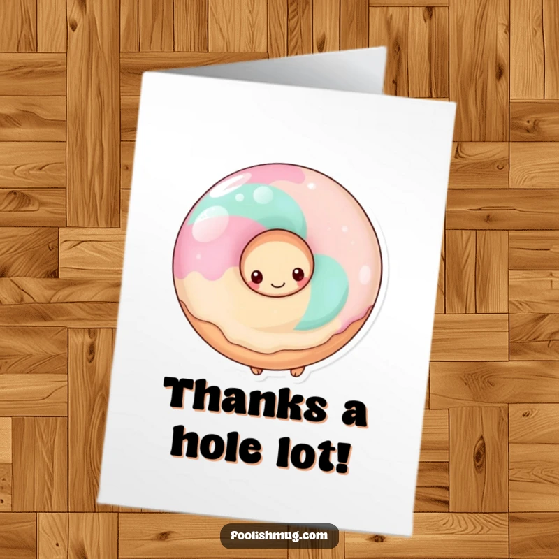 Sweet Free Printable Thank You Card: A shy donut uses a giant lollipop as a shield while conveying heartfelt thanks.