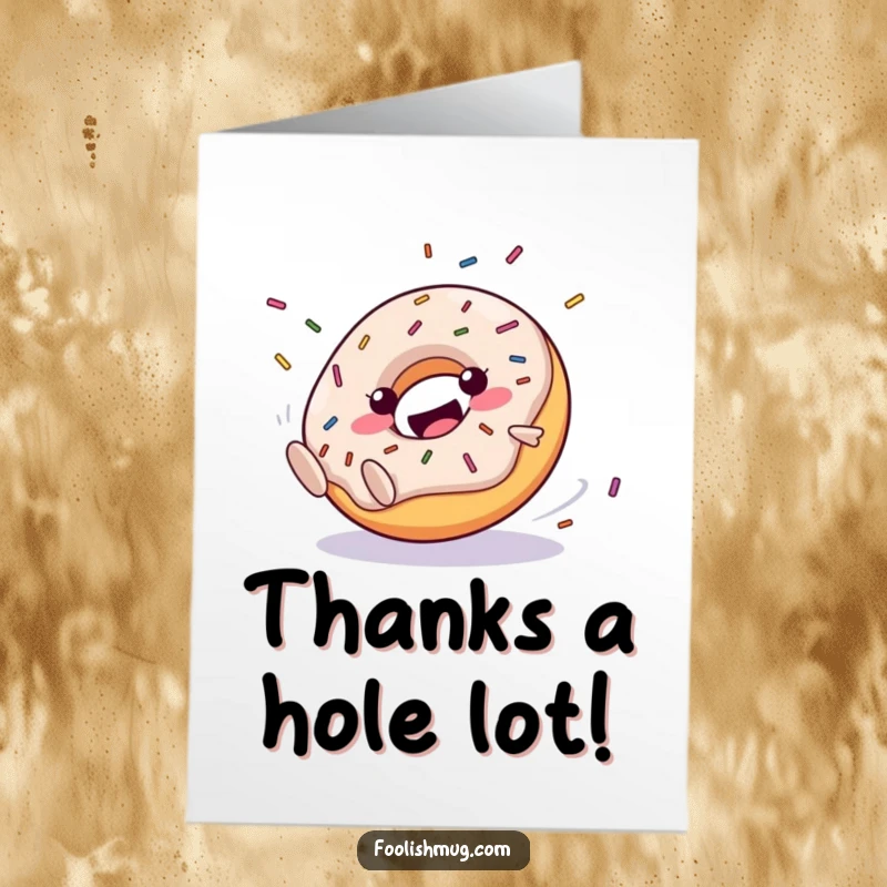 Funny Free Printable Thank You Card: A happy donut character joyfully rolling downhill, scattering sprinkles as a sweet gesture of thanks.