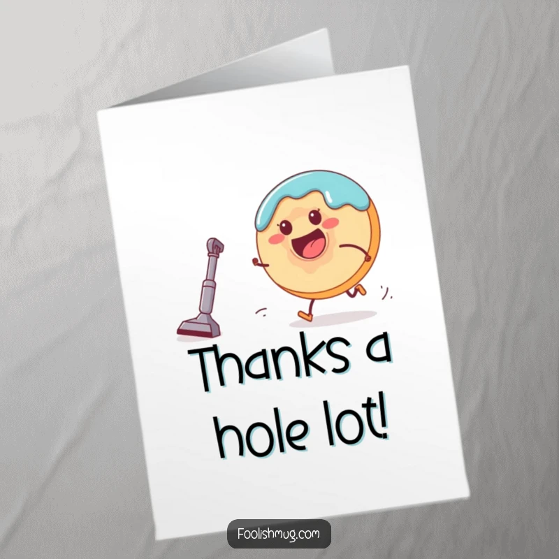 Free printable thank you card depicting a donut character sprinting away from a small, hungry vacuum cleaner.