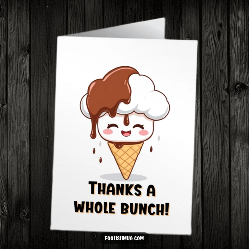 Funny free printable thank you card: a giggling cloud character raining chocolate syrup on a confused ice cream cone.