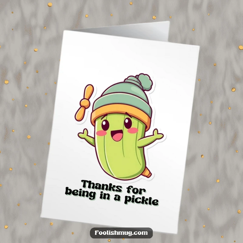 Funny Free Printable Thank You Card: A pickle wearing a propeller beanie, flying crookedly to say thanks.