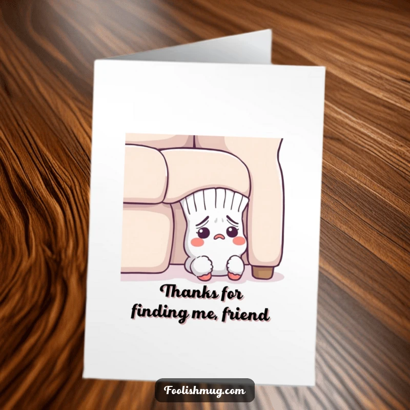 Funny Free Printable Thank You Card: Lost sock peeking from under couch, grateful for your kindness, a unique downloadable gesture.