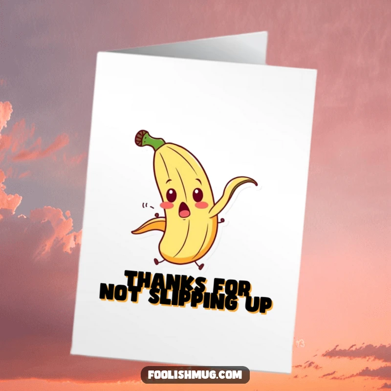 Free printable thank you card with a surprised banana peel character performing an exaggerated slip.