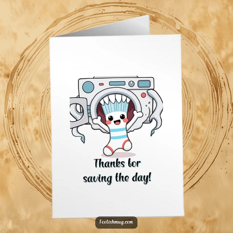 Funny Free Printable Thank You Card: A sock character escaping a laundry monster, symbolizing help and gratitude.