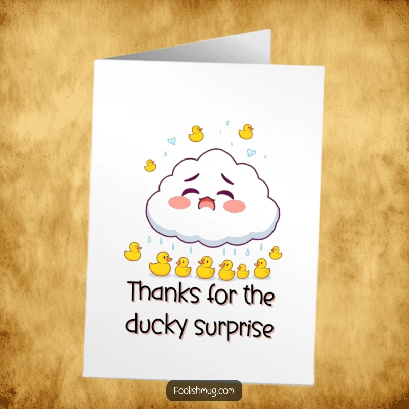 Funny Free Printable Thank You Card: Startled cloud raining tiny rubber ducks, a sweet way to say thank you.