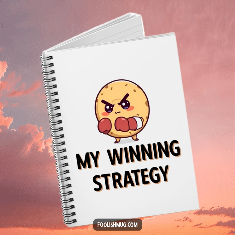 Funny notebook with a mischievous bagel character wearing tiny boxing gloves, looking determined, designed for planning achievements.