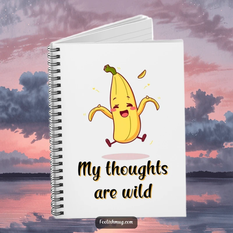 Funny banana peel character comically falling on itself, a humorous notebook for jotting down funny ideas, a funny gift.
