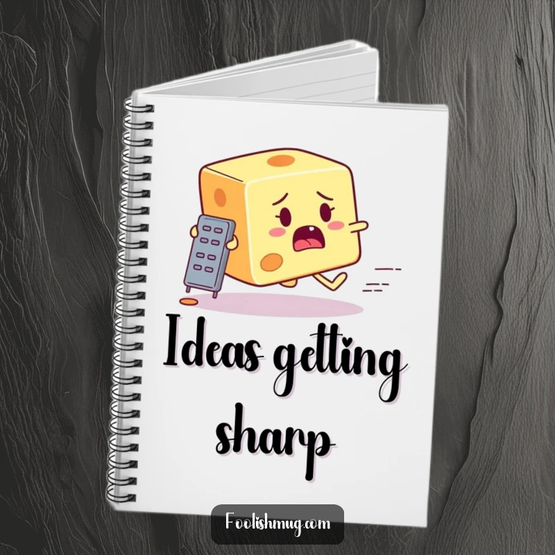 Funny startled cheese block character running from a tiny grater on a notebook, perfect for humorous note-taking and recipe ideas.