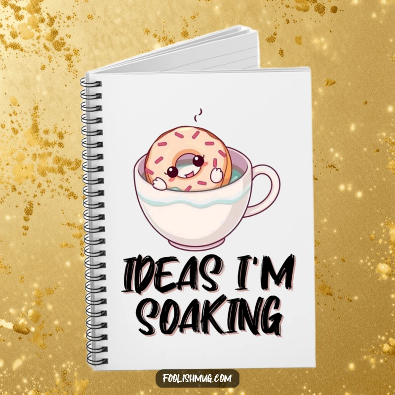 Funny notebook cover with a cartoon donut trying to swim in a coffee mug, inspiring creative writing and cheerful note-taking.