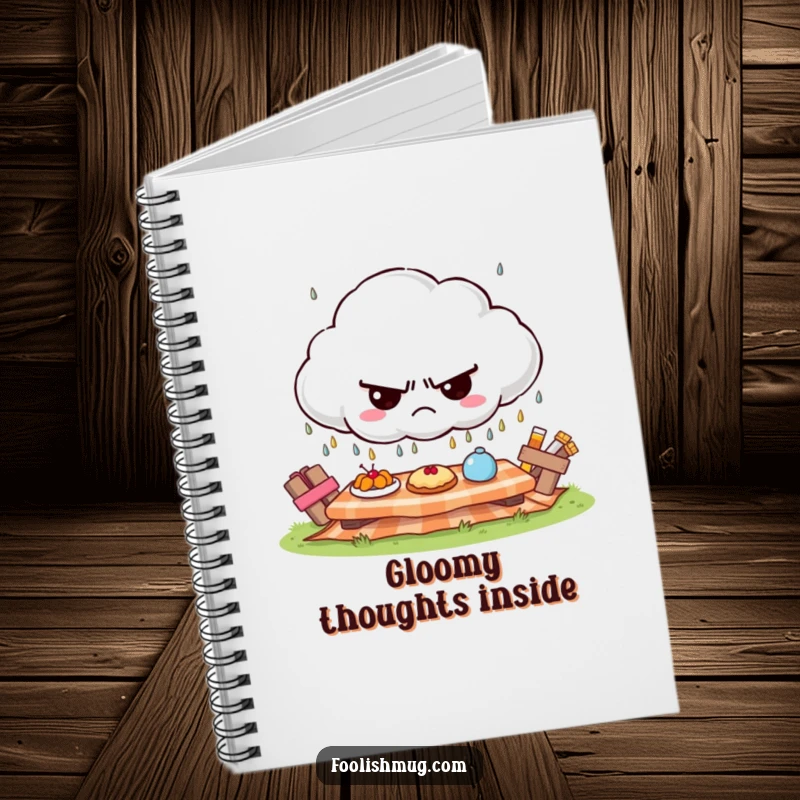 Funny grumpy cloud notebook, raining frowns on a sunny picnic, perfect for notes funny gift.