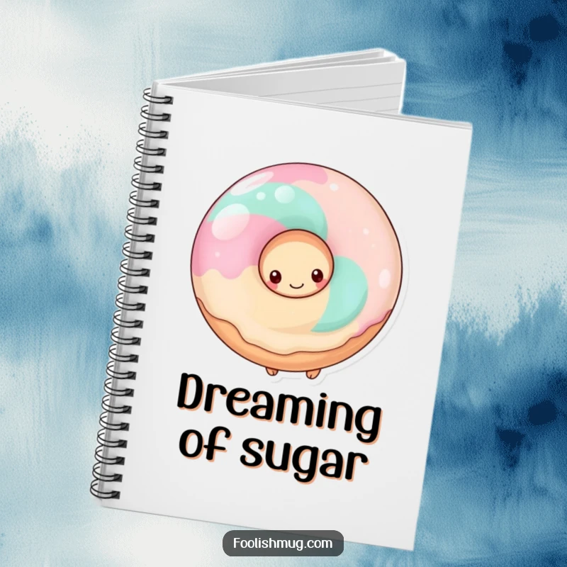 Funny shy donut hiding behind a giant lollipop, on a notebook cover, for sweet journaling.