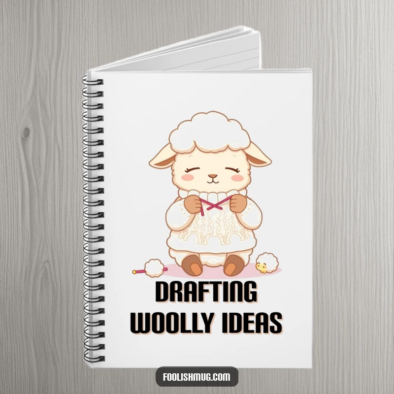 Funny sheep notebook, with a sleepy sheep humorously knitting a sweater from its own wool, perfect for writing down creative plans.