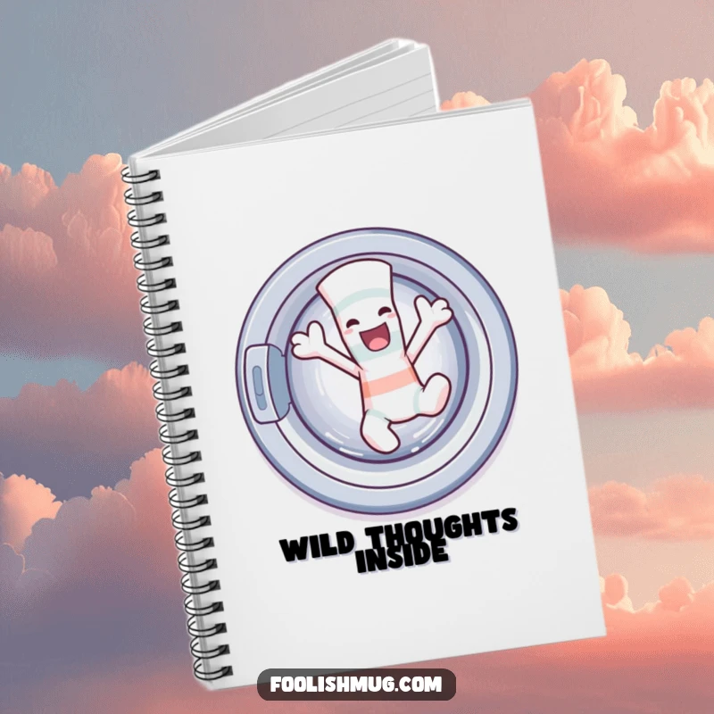 Funny sock character dancing wildly out of a washing machine on a notebook, perfect for humorous note-taking and laundry lists.