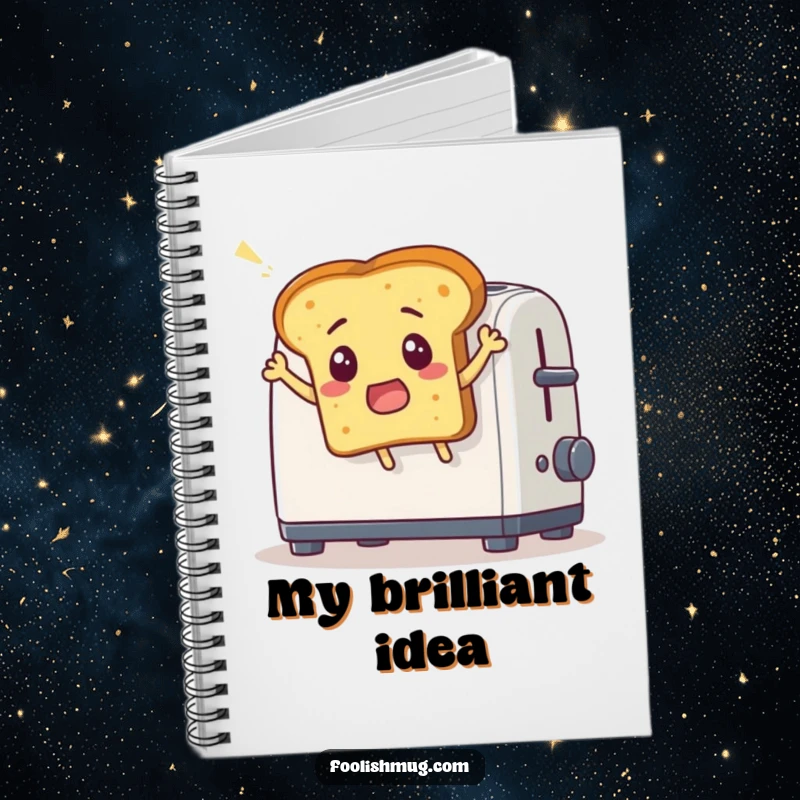 Funny notebook with a surprised bread slice comically leaping out of a toaster, ideal for writing and as a funny gift.