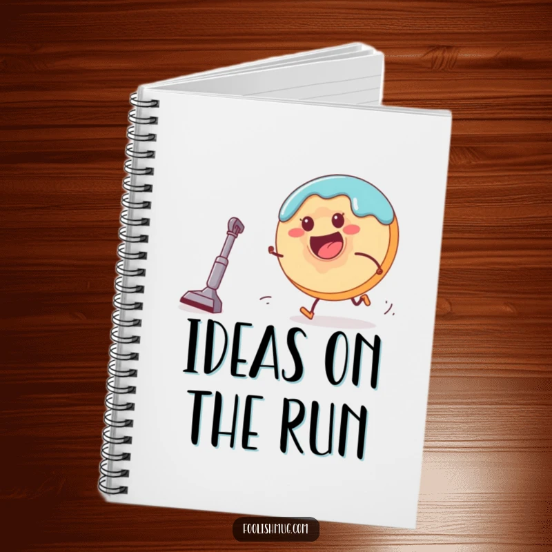 Funny donut character being chased by a tiny vacuum cleaner on a notebook cover, inspiring creative and humorous note-taking.