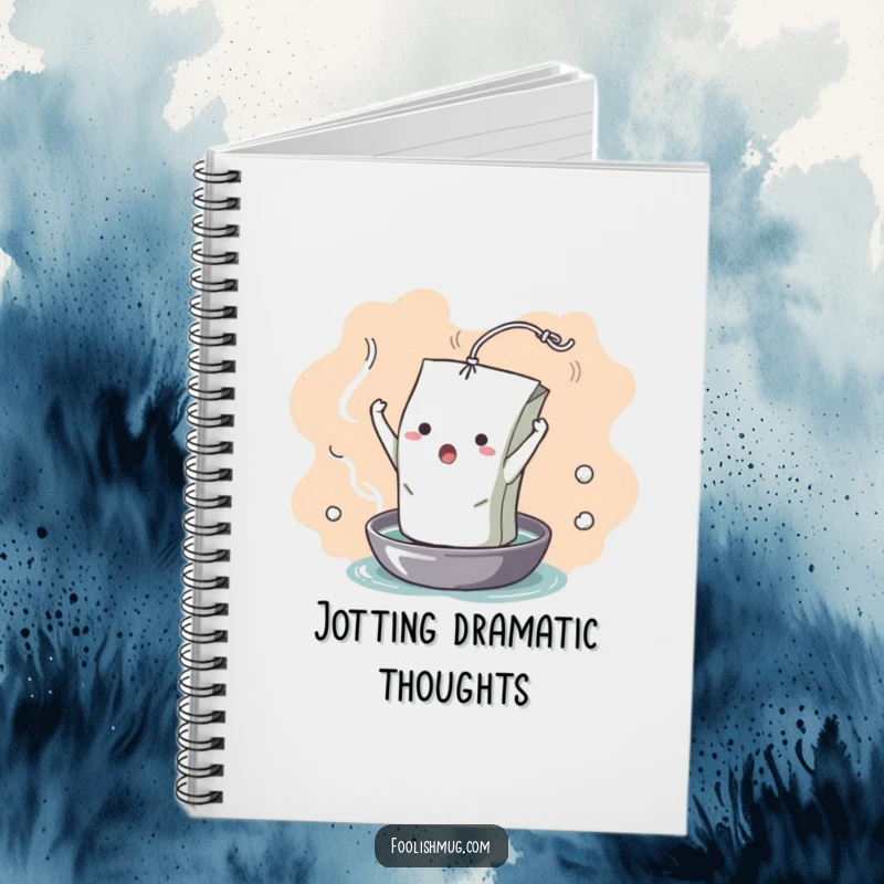 Funny Notebook: A dramatic teabag character unfurling into hot water, illustrated on this notebook for humorous note-taking. A comedic stationery item.