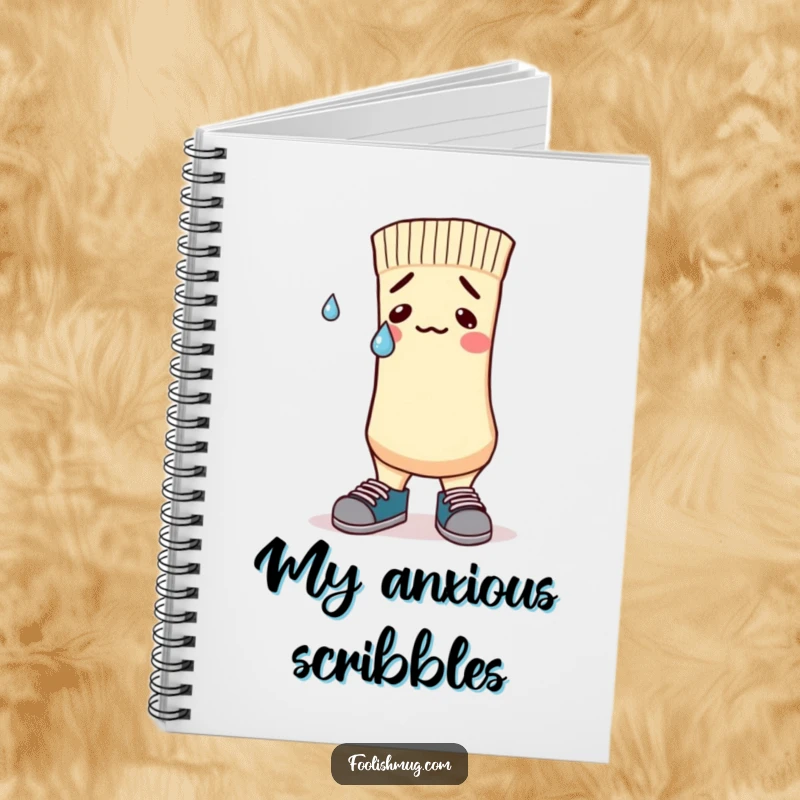 Funny Notebook with a nervous sock character, mismatched shoes, and a sweatdrop, for jotting down thoughts with humor.