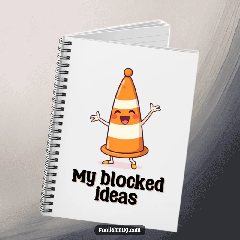Funny traffic cone notebook, enthusiastically dancing and comically blocking its own path, inspiring humorous note-taking and creative brainstorming.