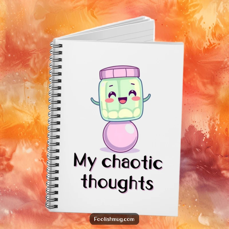 Funny wobbly jelly jar character trying to balance on a bouncing ball, on the cover of a funny notebook.
