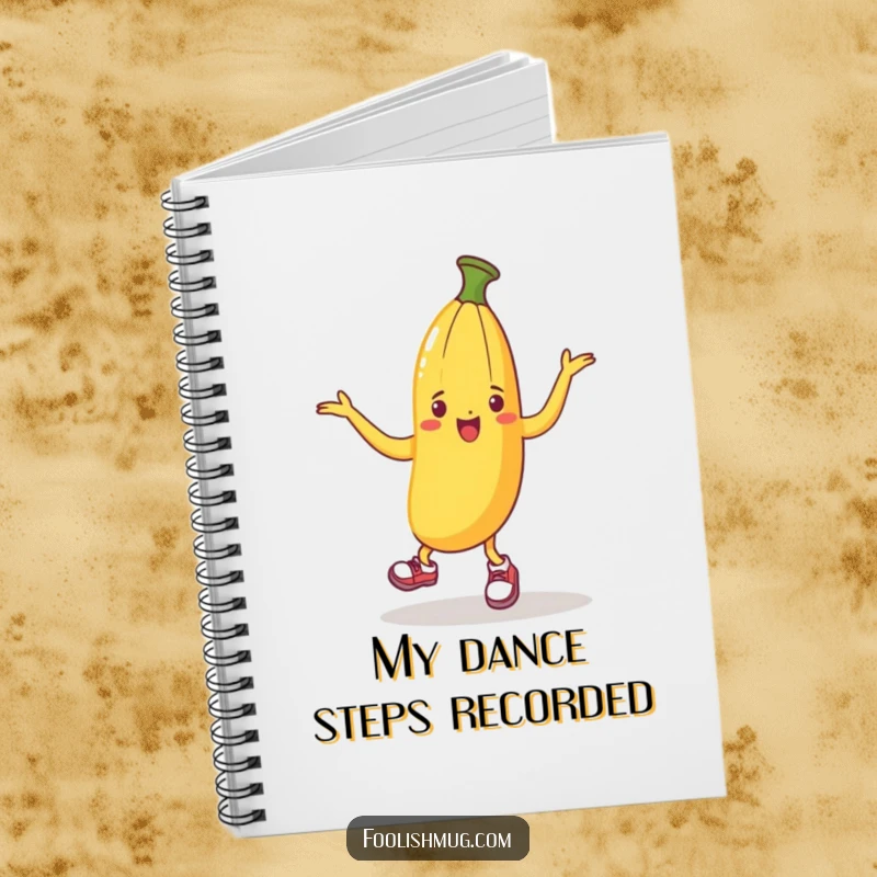 Funny notebook cover featuring a banana peel in small shoes dancing, inspiring creative thoughts and energetic note-taking.