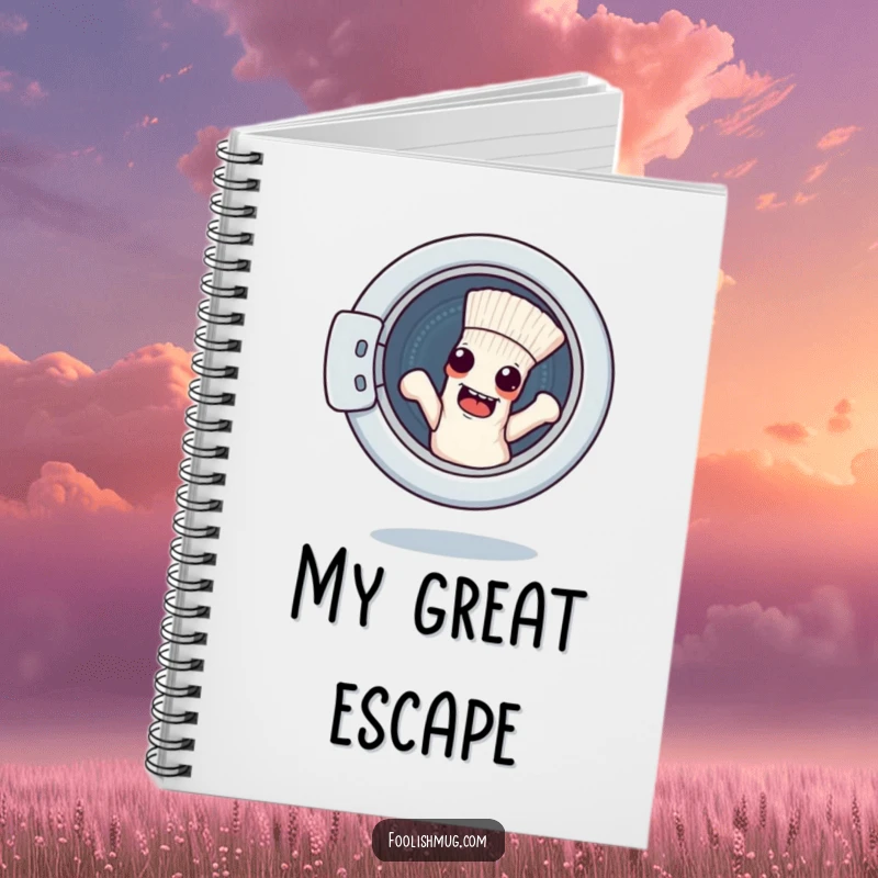 Funny notebook with a mischievous sock character escaping a washing machine, perfect for jotting down notes.