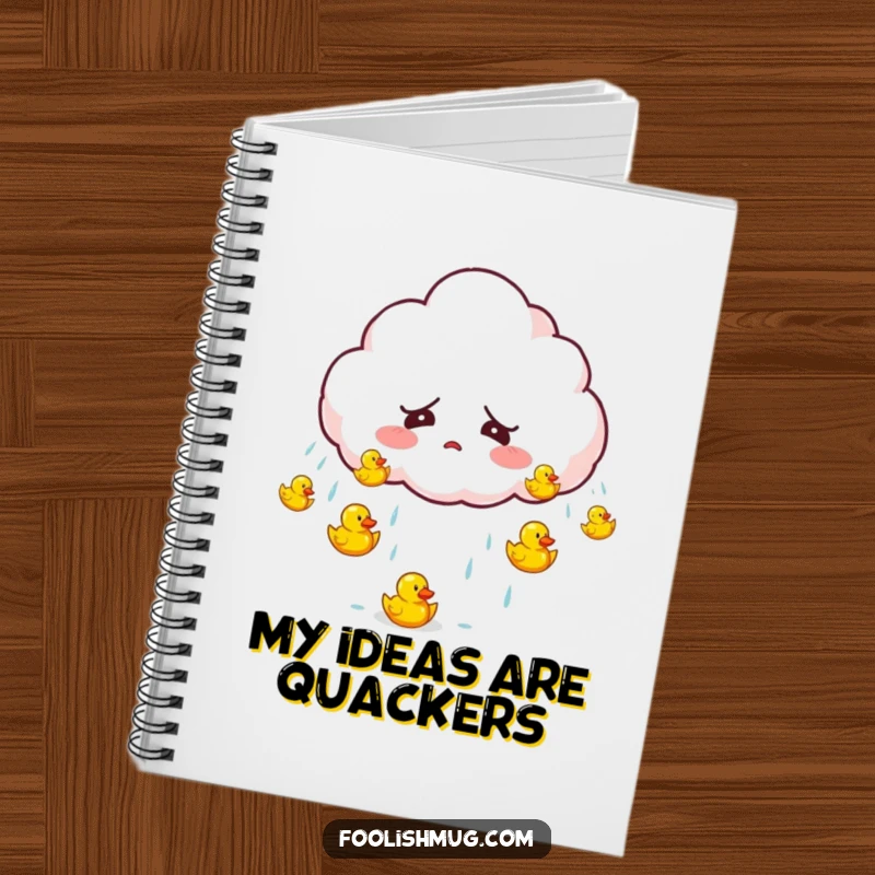 Funny startled cloud character accidentally raining tiny bouncing rubber ducks on a notebook, perfect for jotting down humorous thoughts.