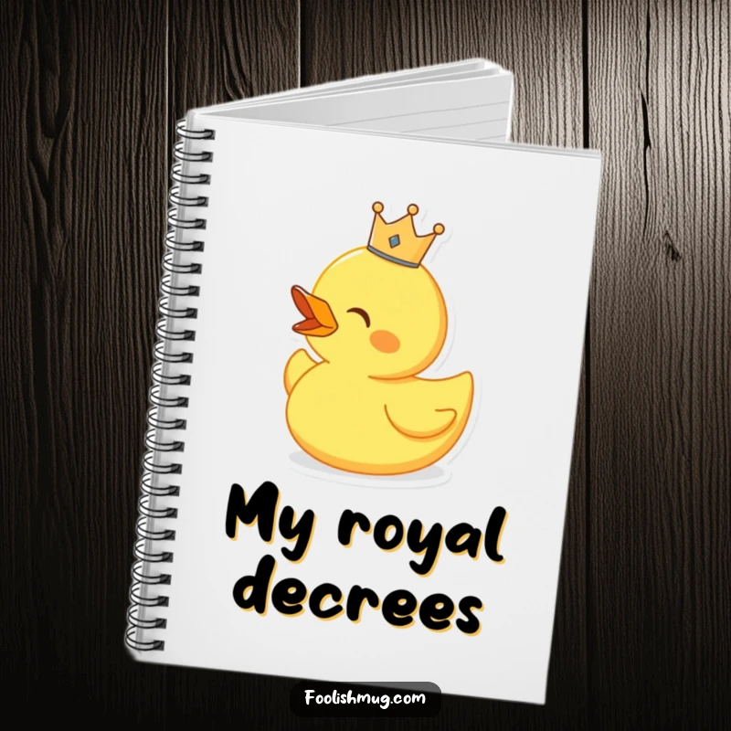 Funny singing rubber duck wearing a tiny crown, on a notebook cover, for musical notation.