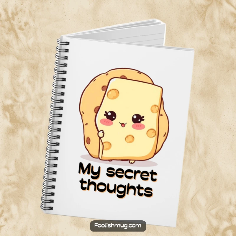 Funny Notebook with a blushing cheese slice character hiding behind a cracker, for jotting down ideas with charm.