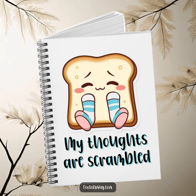 Funny toast slice with mismatched socks, on the cover of a notebook, encouraging humorous journaling.