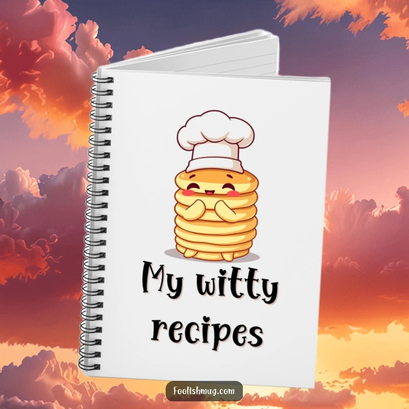 Funny pancake notebook, wobbly stack in a chef hat, comically attempting to bow, inspiring humorous note-taking and creative thoughts.