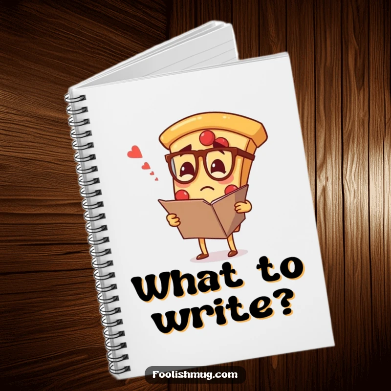 Funny notebook with a pizza slice wearing glasses, looking confused at a menu, perfect for jotting down ideas.